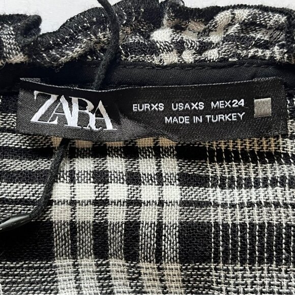 Zara Plaid Checkered Top Blouse Dress Tunic Embroidered Lettuce V Neck Hem Sz XS - Picture 3 of 16